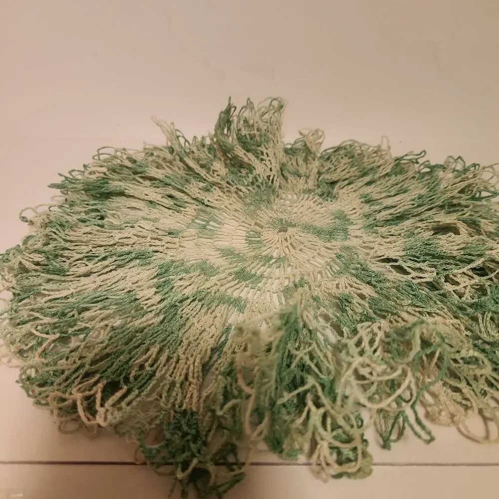 Vintage green & White Handmade Ruffled Doily